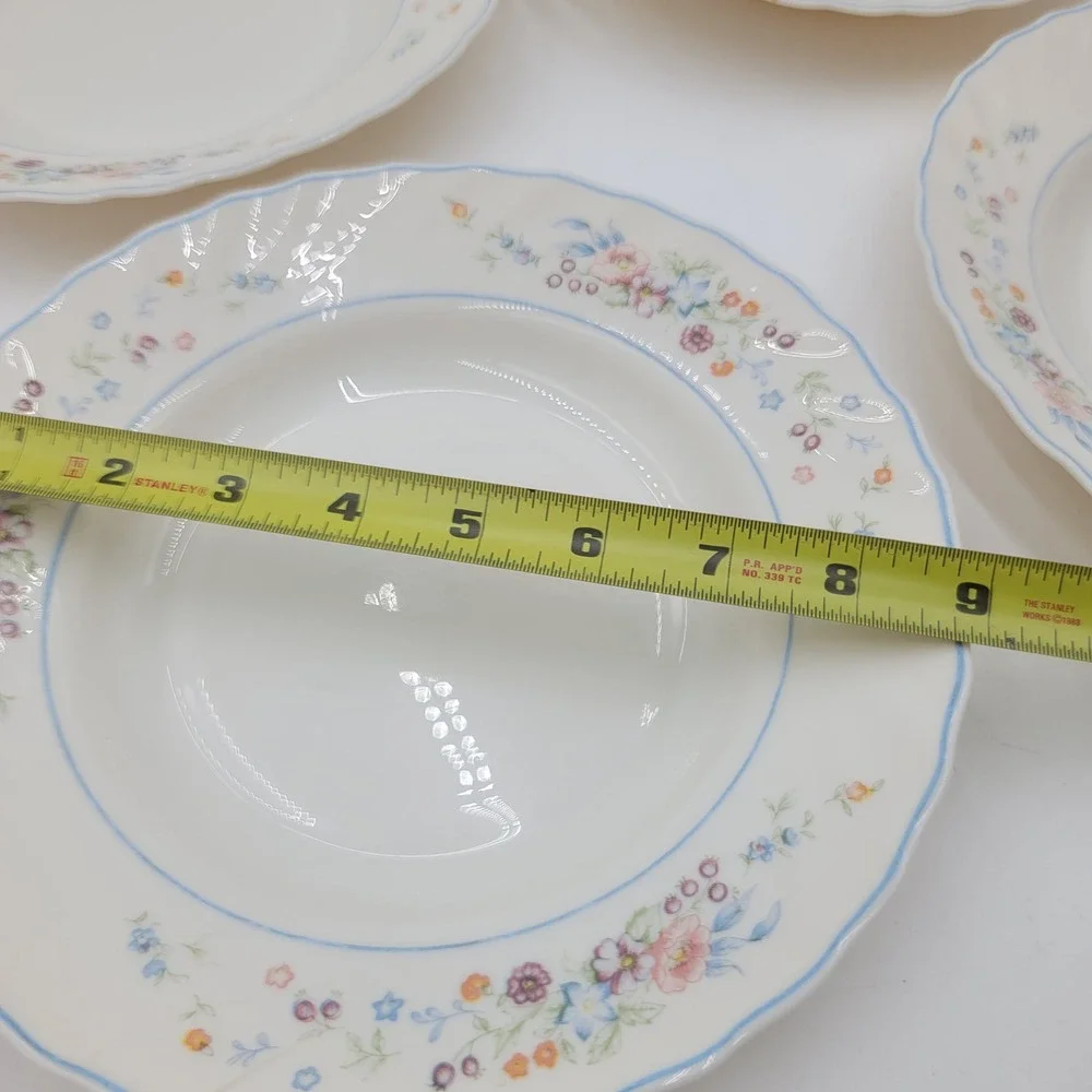 5 Arcopal Victoria Floral Pattern Soup Bowls Scalloped Edge Blue Rim 8.75